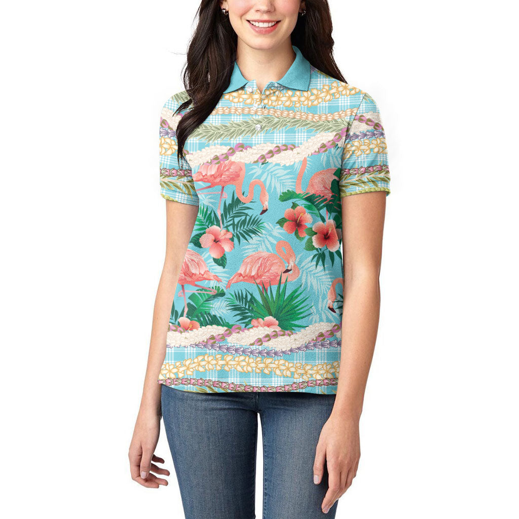 Flamingo Hawaii Summer Women Polo Shirt Hawaiian Lei Pakala Motifs Tropical Style