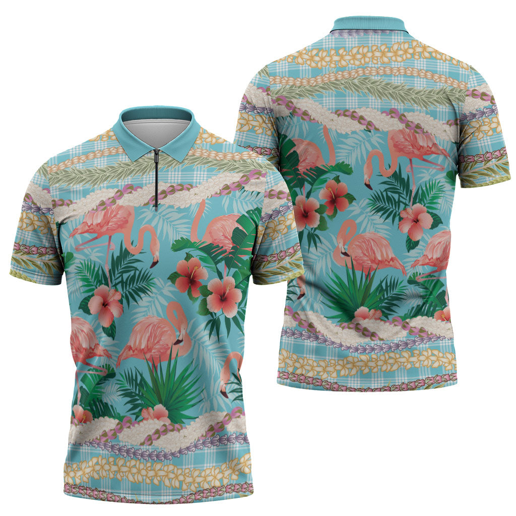 Flamingo Hawaii Summer Zipper Polo Shirt Hawaiian Lei Pakala Motifs Tropical Style