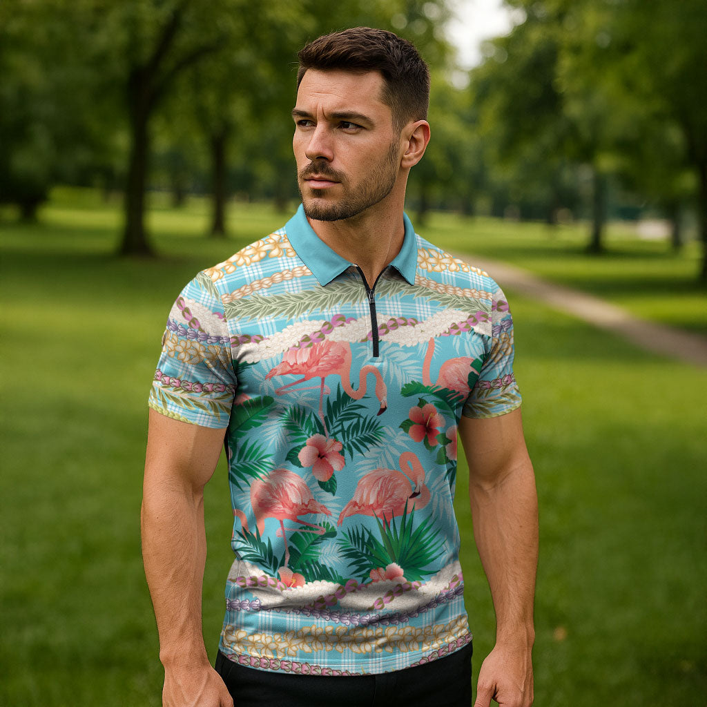 Flamingo Hawaii Summer Zipper Polo Shirt Hawaiian Lei Pakala Motifs Tropical Style