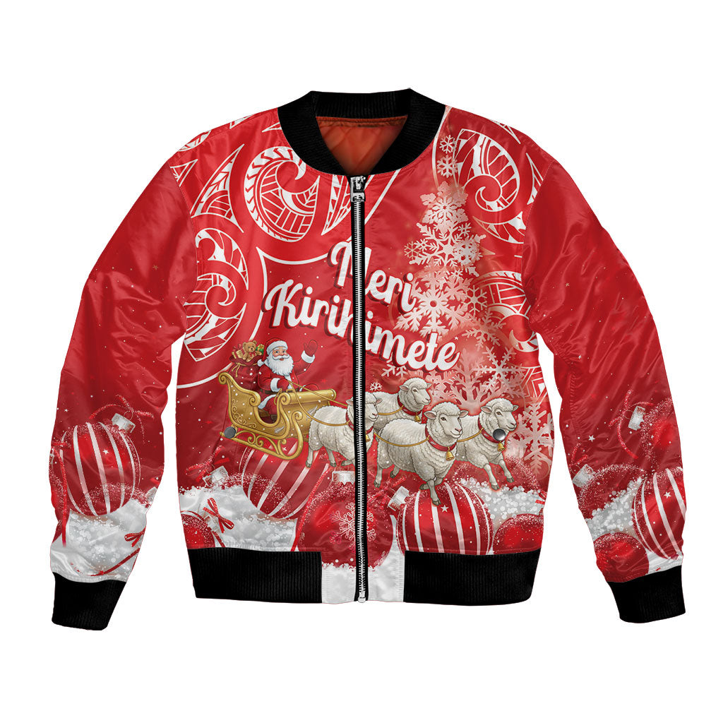 New Zealand Christmas In July Personalised Bomber Jacket Funny Santa Sheep Meri Kirihimete Red LT14 Unisex Red - Polynesian Pride