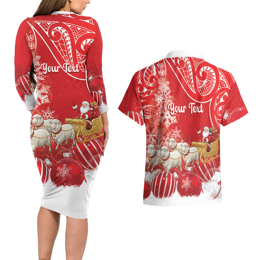 New Zealand Christmas In July Personalised Couples Matching Long Sleeve Bodycon Dress and Hawaiian Shirt Funny Santa Sheep Meri Kirihimete Red