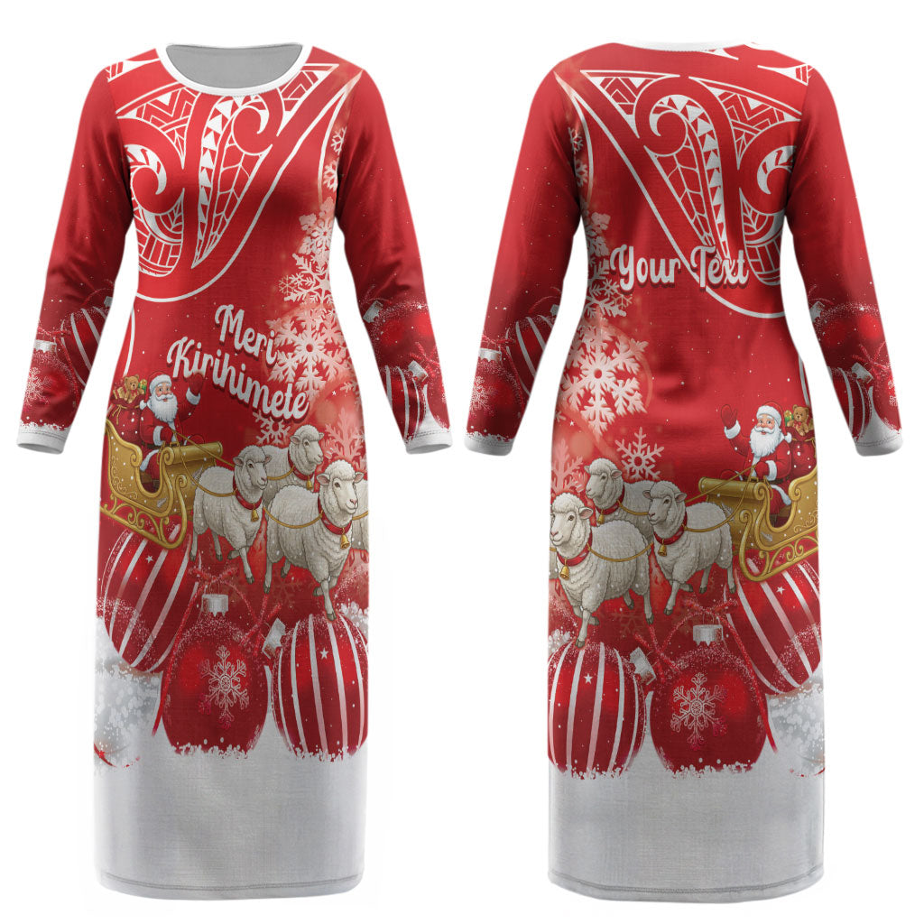 New Zealand Christmas In July Personalised Couples Matching Long Sleeve Bodycon Dress and Hawaiian Shirt Funny Santa Sheep Meri Kirihimete Red LT14 - Polynesian Pride