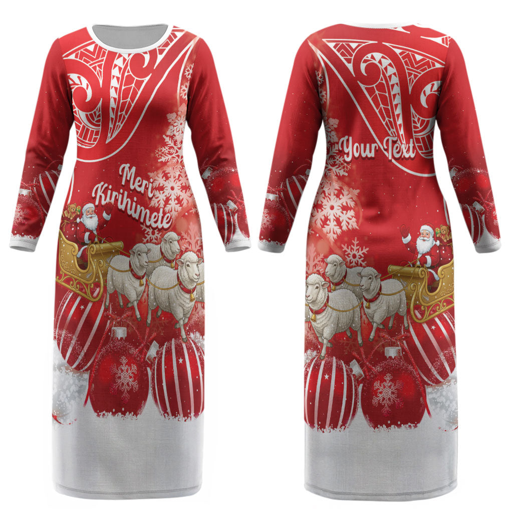 New Zealand Christmas In July Personalised Couples Matching Long Sleeve Bodycon Dress and Long Sleeve Button Shirt Funny Santa Sheep Meri Kirihimete Red LT14 - Polynesian Pride