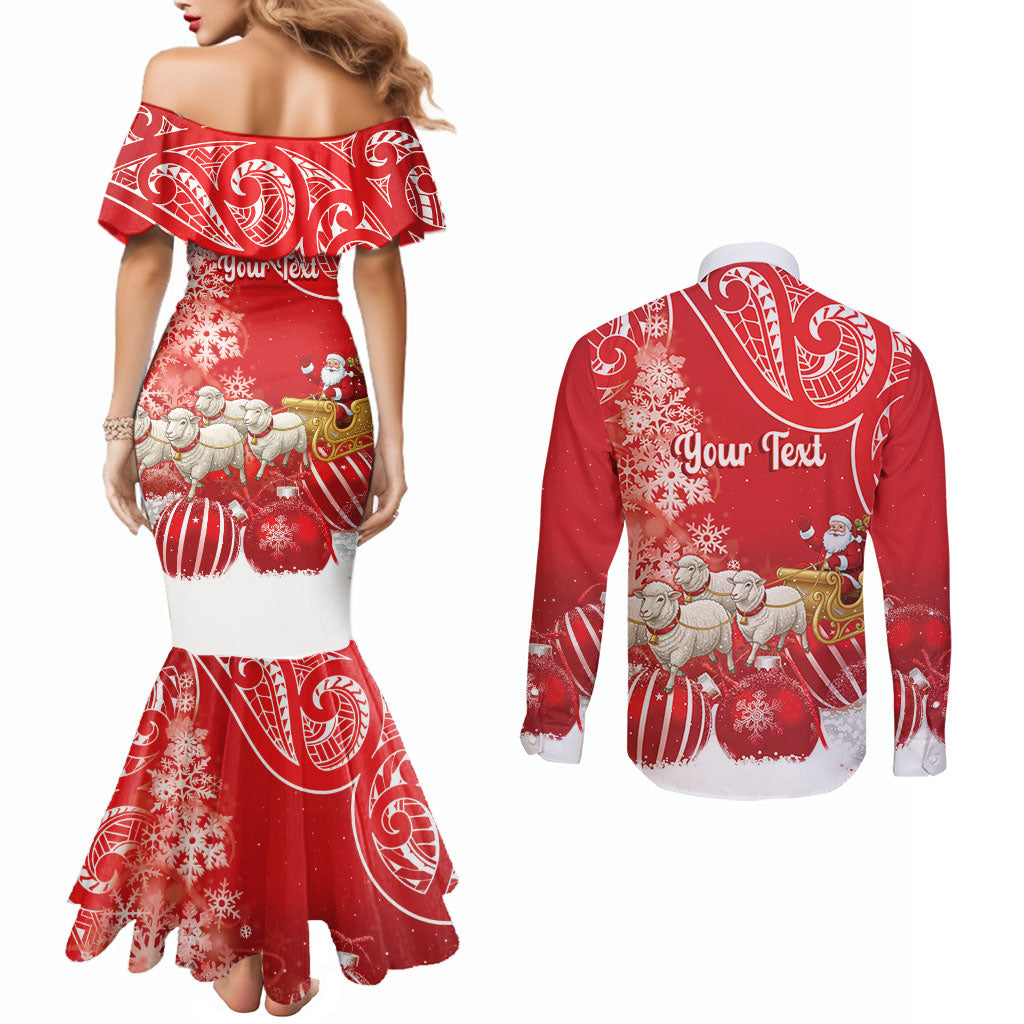 New Zealand Christmas In July Personalised Couples Matching Mermaid Dress and Long Sleeve Button Shirt Funny Santa Sheep Meri Kirihimete Red