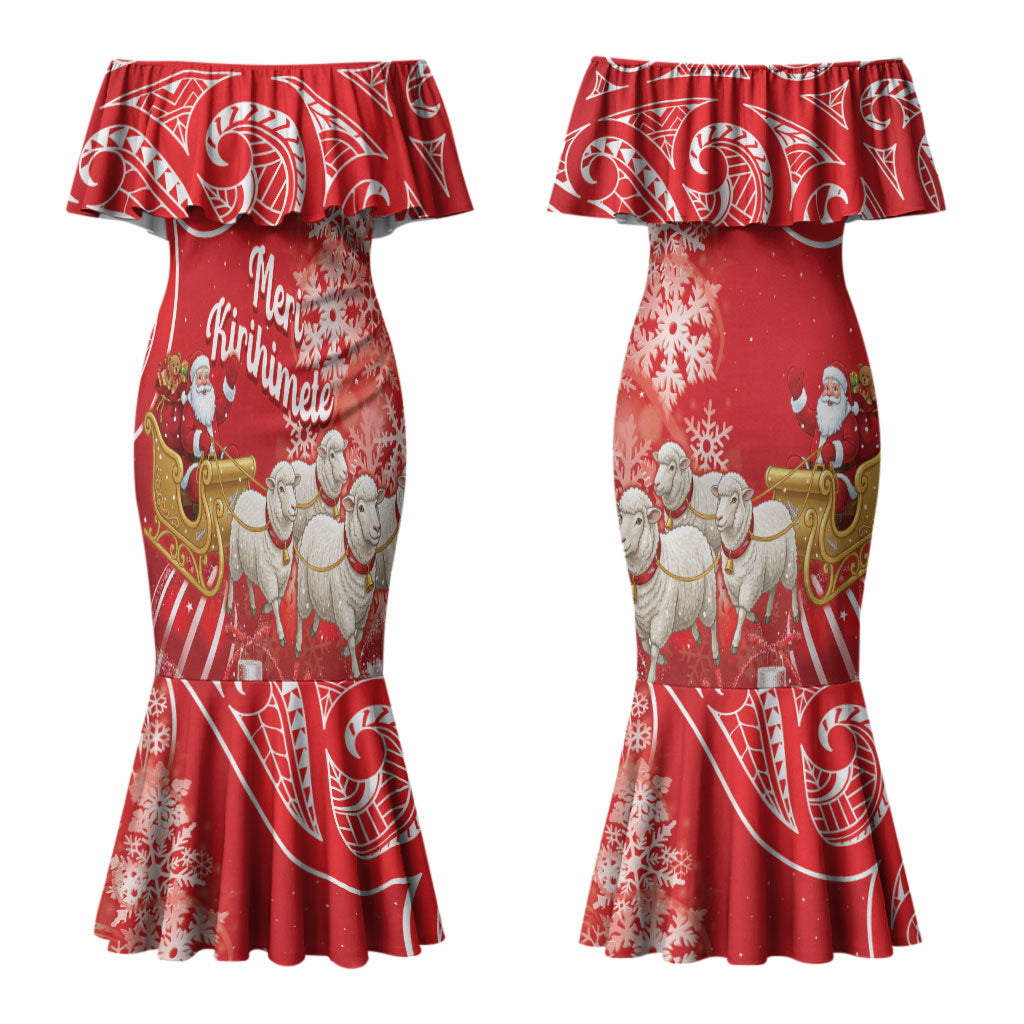 New Zealand Christmas In July Personalised Couples Matching Mermaid Dress and Long Sleeve Button Shirt Funny Santa Sheep Meri Kirihimete Red LT14 - Polynesian Pride