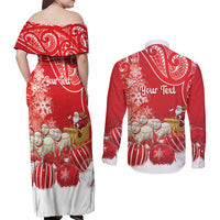 New Zealand Christmas In July Personalised Couples Matching Off Shoulder Maxi Dress and Long Sleeve Button Shirt Funny Santa Sheep Meri Kirihimete Red