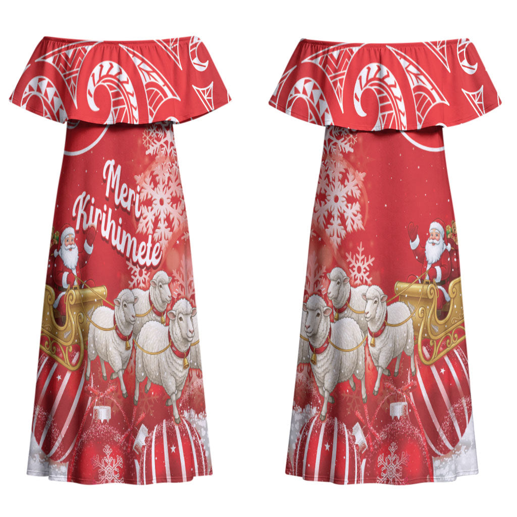 New Zealand Christmas In July Personalised Couples Matching Off Shoulder Maxi Dress and Long Sleeve Button Shirt Funny Santa Sheep Meri Kirihimete Red LT14 - Polynesian Pride