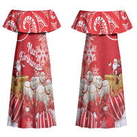 New Zealand Christmas In July Personalised Couples Matching Off Shoulder Maxi Dress and Long Sleeve Button Shirt Funny Santa Sheep Meri Kirihimete Red LT14 - Polynesian Pride