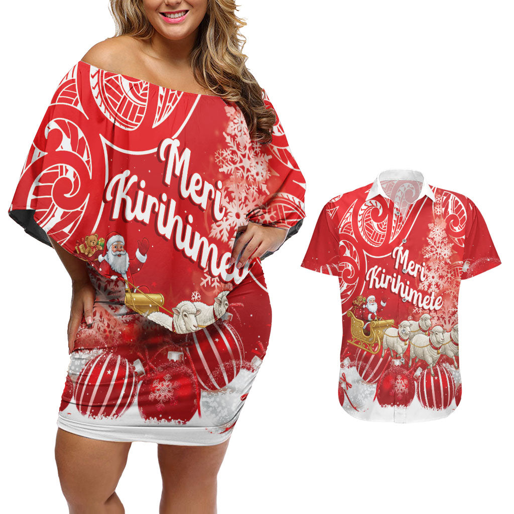 New Zealand Christmas In July Personalised Couples Matching Off Shoulder Short Dress and Hawaiian Shirt Funny Santa Sheep Meri Kirihimete Red