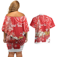 New Zealand Christmas In July Personalised Couples Matching Off Shoulder Short Dress and Hawaiian Shirt Funny Santa Sheep Meri Kirihimete Red