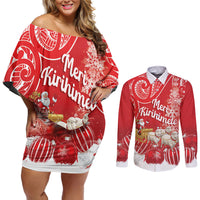 New Zealand Christmas In July Personalised Couples Matching Off Shoulder Short Dress and Long Sleeve Button Shirt Funny Santa Sheep Meri Kirihimete Red