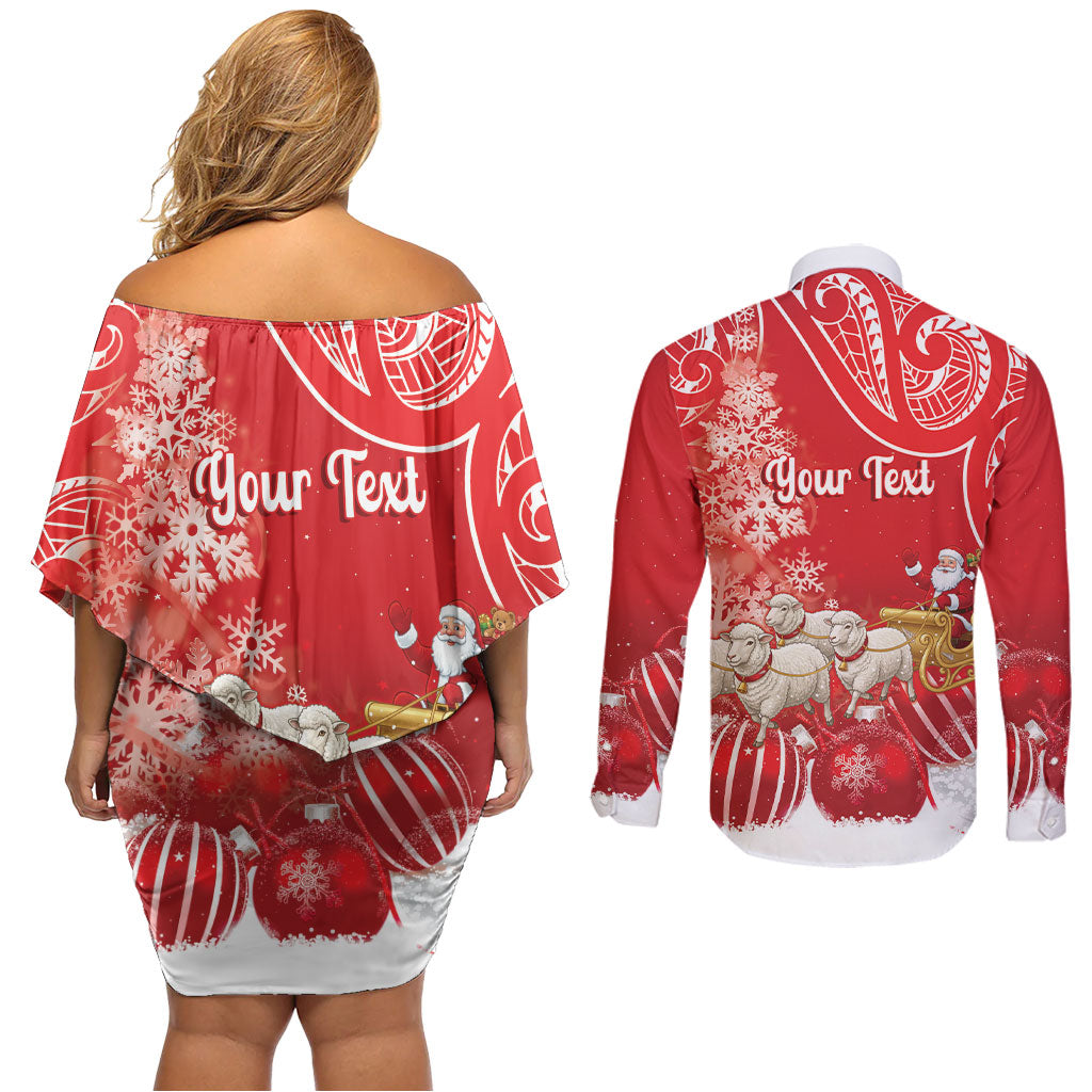 New Zealand Christmas In July Personalised Couples Matching Off Shoulder Short Dress and Long Sleeve Button Shirt Funny Santa Sheep Meri Kirihimete Red