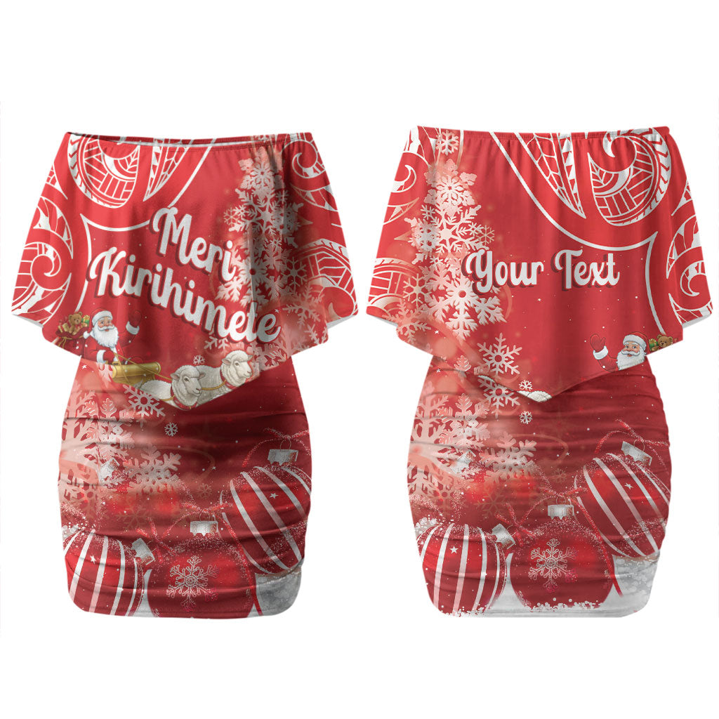 New Zealand Christmas In July Personalised Couples Matching Off Shoulder Short Dress and Long Sleeve Button Shirt Funny Santa Sheep Meri Kirihimete Red LT14 - Polynesian Pride