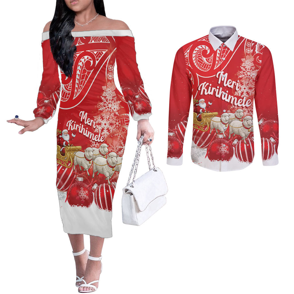 New Zealand Christmas In July Personalised Couples Matching Off The Shoulder Long Sleeve Dress and Long Sleeve Button Shirt Funny Santa Sheep Meri Kirihimete Red