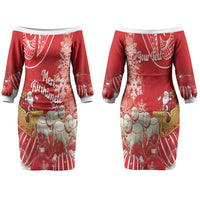 New Zealand Christmas In July Personalised Couples Matching Off The Shoulder Long Sleeve Dress and Long Sleeve Button Shirt Funny Santa Sheep Meri Kirihimete Red LT14 - Polynesian Pride