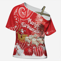 New Zealand Christmas In July Personalised Cross Shoulder Shirt Funny Santa Sheep Meri Kirihimete Red
