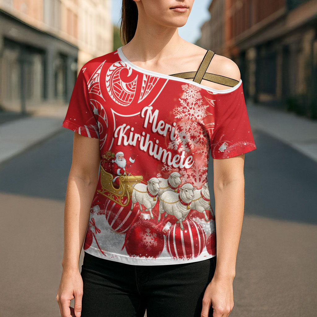 New Zealand Christmas In July Personalised Cross Shoulder Shirt Funny Santa Sheep Meri Kirihimete Red