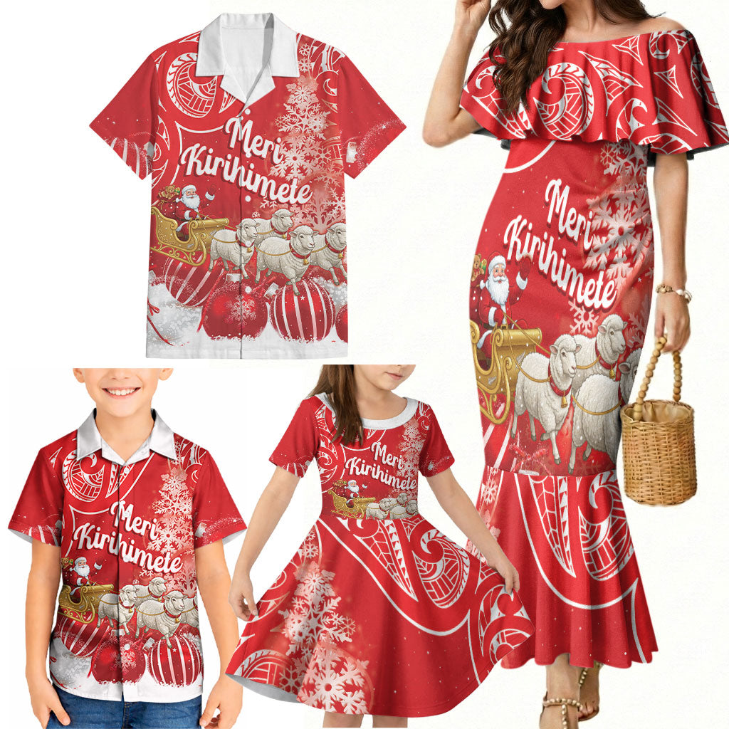 New Zealand Christmas In July Personalised Family Matching Mermaid Dress and Hawaiian Shirt Funny Santa Sheep Meri Kirihimete Red LT14 - Polynesian Pride