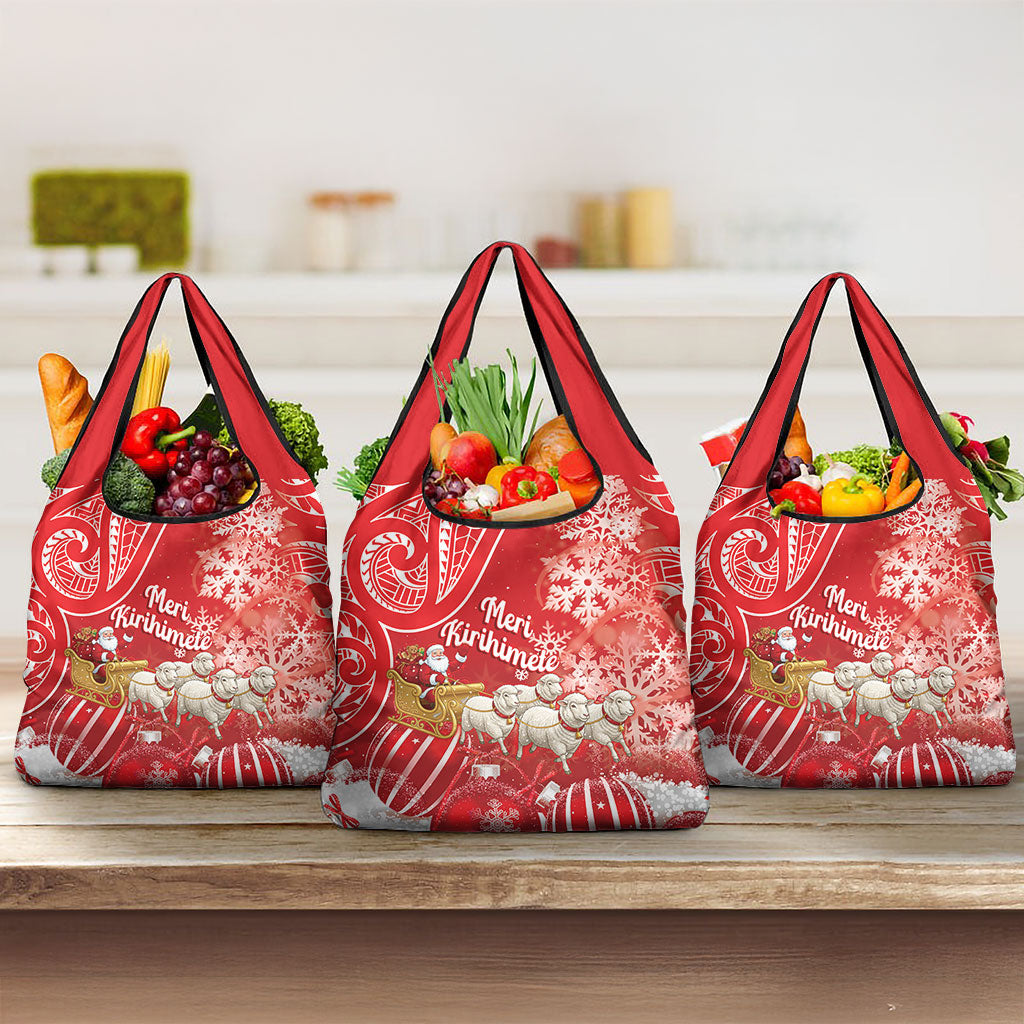 New Zealand Christmas In July Grocery Bag Funny Santa Sheep Meri Kirihimete Red