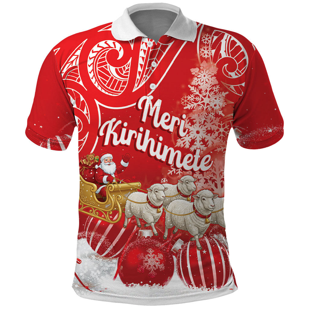 New Zealand Christmas In July Personalised Polo Shirt Funny Santa Sheep Meri Kirihimete Red