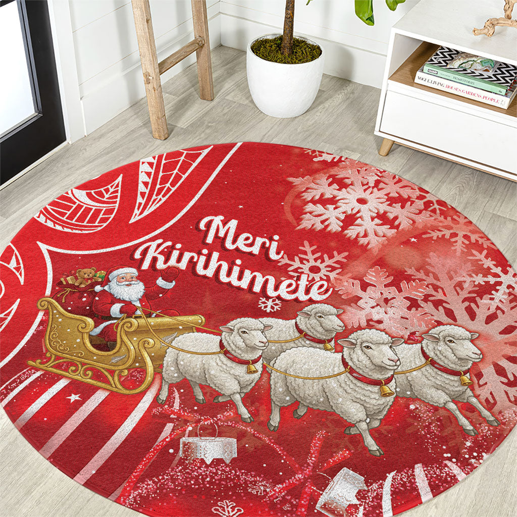 New Zealand Christmas In July Round Carpet Funny Santa Sheep Meri Kirihimete Red