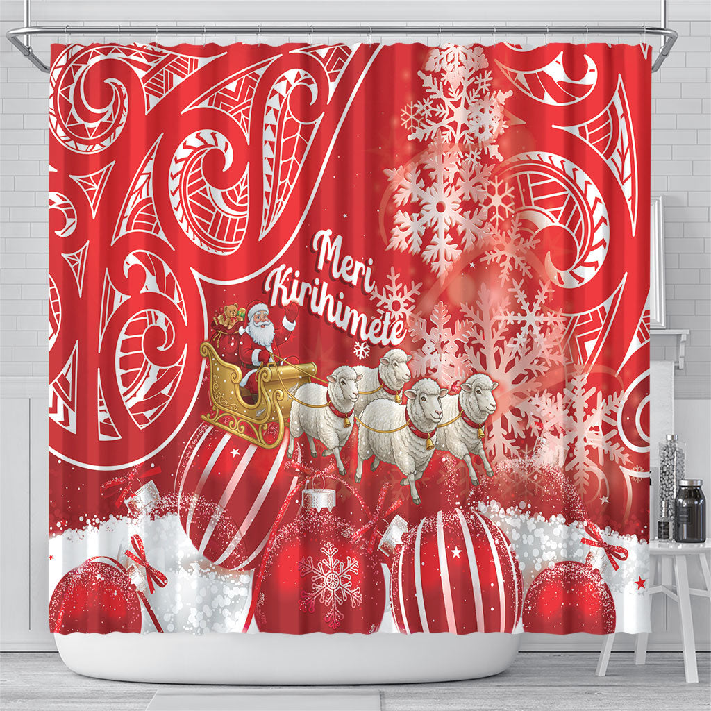 New Zealand Christmas In July Shower Curtain Funny Santa Sheep Meri Kirihimete Red