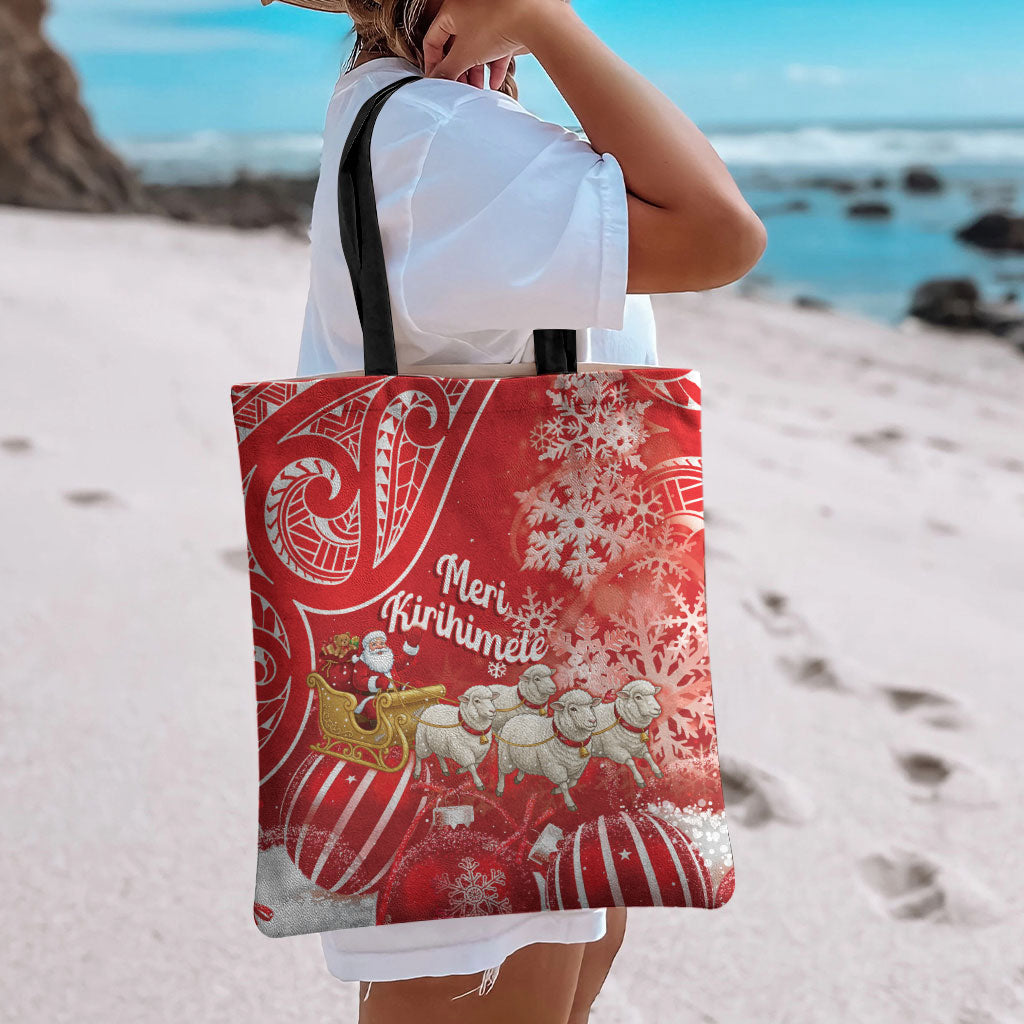 New Zealand Christmas In July Tote Bag Funny Santa Sheep Meri Kirihimete Red