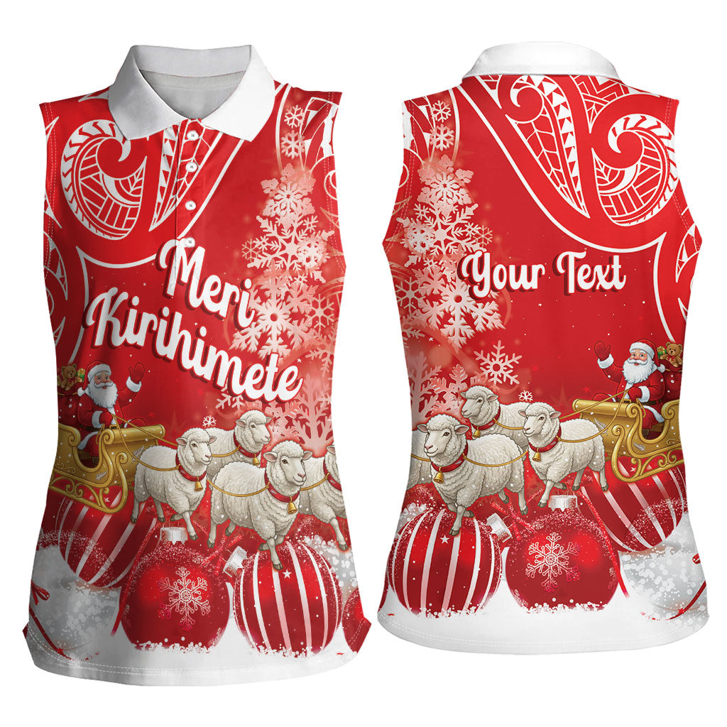 New Zealand Christmas In July Personalised Women Sleeveless Polo Shirt Funny Santa Sheep Meri Kirihimete Red