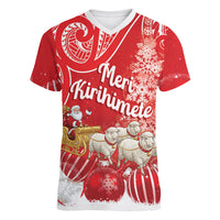 New Zealand Christmas In July Personalised Women V-Neck T-Shirt Funny Santa Sheep Meri Kirihimete Red