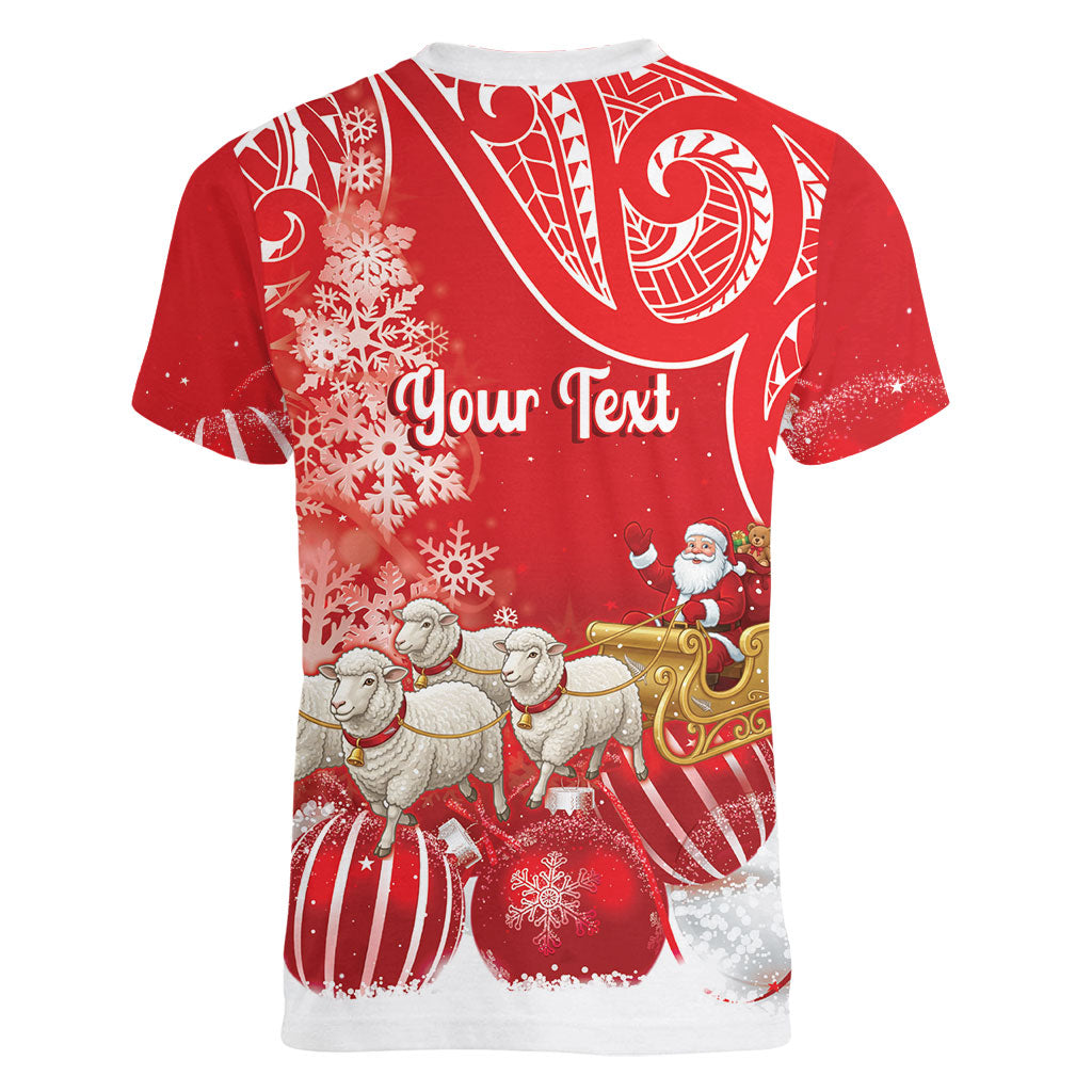 New Zealand Christmas In July Personalised Women V-Neck T-Shirt Funny Santa Sheep Meri Kirihimete Red