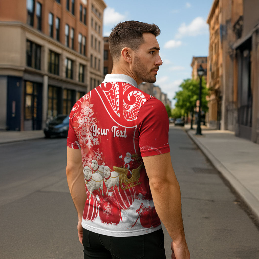 New Zealand Christmas In July Personalised Zipper Polo Shirt Funny Santa Sheep Meri Kirihimete Red
