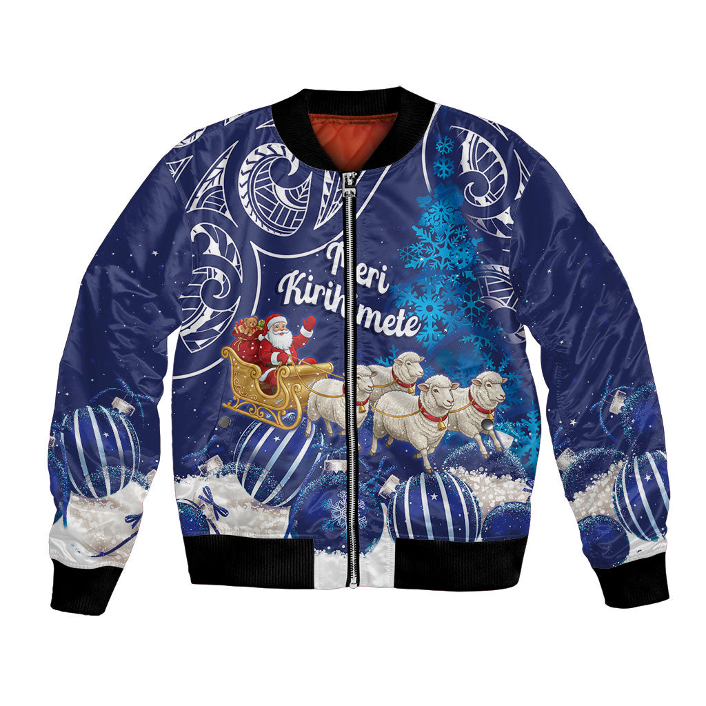 New Zealand Christmas In July Personalised Bomber Jacket Funny Santa Sheep Meri Kirihimete Blue