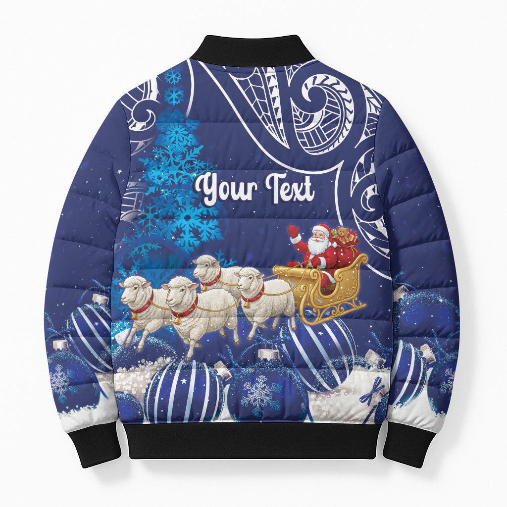 New Zealand Christmas In July Personalised Bomber Puffer Jacket Funny Santa Sheep Meri Kirihimete Blue