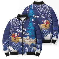 New Zealand Christmas In July Personalised Bomber Puffer Jacket Funny Santa Sheep Meri Kirihimete Blue