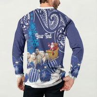 New Zealand Christmas In July Personalised Button Sweatshirt Funny Santa Sheep Meri Kirihimete Blue