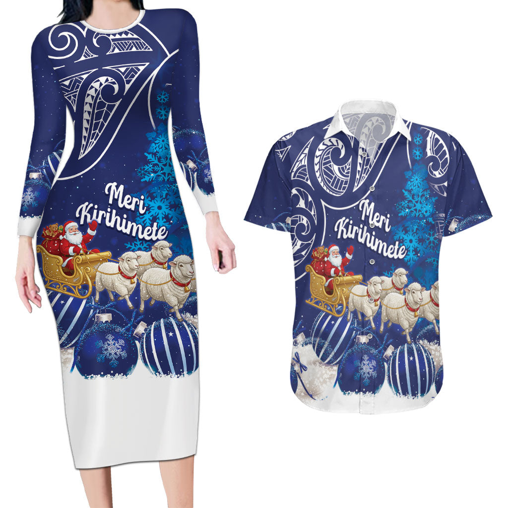 New Zealand Christmas In July Personalised Couples Matching Long Sleeve Bodycon Dress and Hawaiian Shirt Funny Santa Sheep Meri Kirihimete Blue