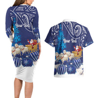 New Zealand Christmas In July Personalised Couples Matching Long Sleeve Bodycon Dress and Hawaiian Shirt Funny Santa Sheep Meri Kirihimete Blue