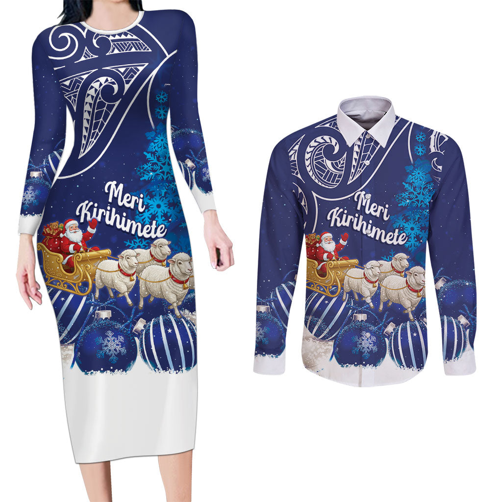 New Zealand Christmas In July Personalised Couples Matching Long Sleeve Bodycon Dress and Long Sleeve Button Shirt Funny Santa Sheep Meri Kirihimete Blue