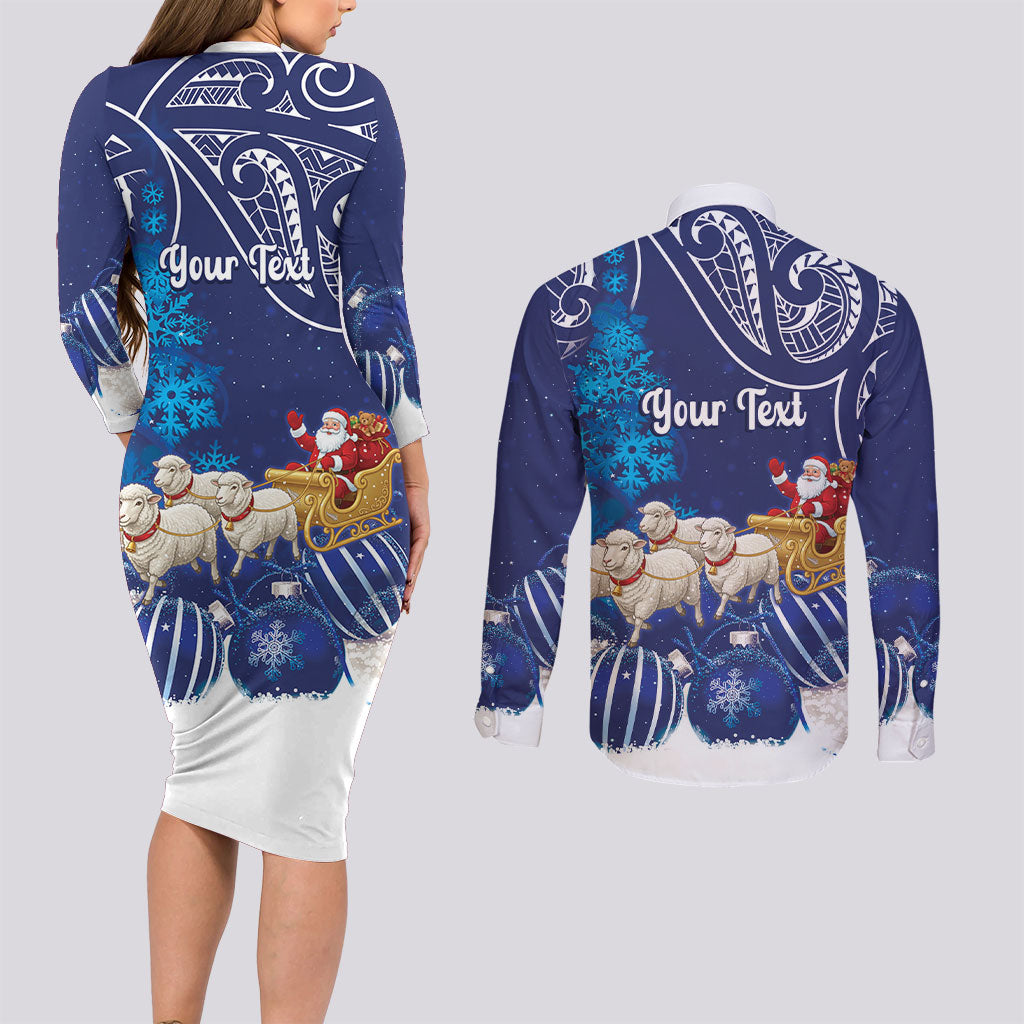 New Zealand Christmas In July Personalised Couples Matching Long Sleeve Bodycon Dress and Long Sleeve Button Shirt Funny Santa Sheep Meri Kirihimete Blue