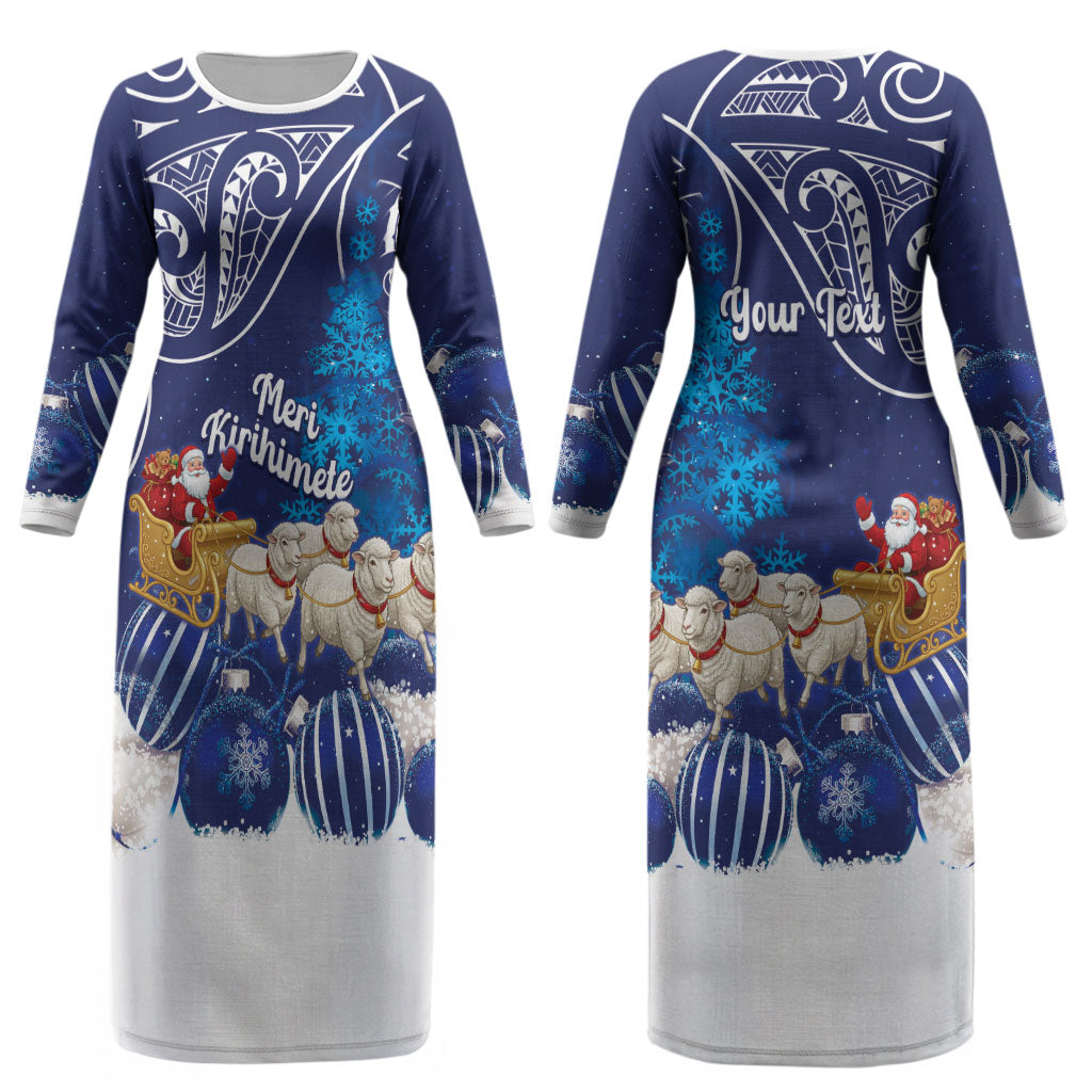 New Zealand Christmas In July Personalised Couples Matching Long Sleeve Bodycon Dress and Long Sleeve Button Shirt Funny Santa Sheep Meri Kirihimete Blue LT14 - Polynesian Pride