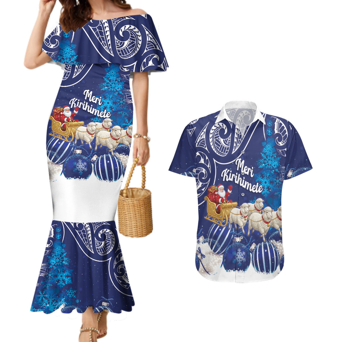 New Zealand Christmas In July Personalised Couples Matching Mermaid Dress and Hawaiian Shirt Funny Santa Sheep Meri Kirihimete Blue