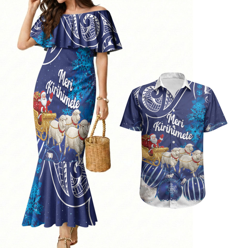 New Zealand Christmas In July Personalised Couples Matching Mermaid Dress and Hawaiian Shirt Funny Santa Sheep Meri Kirihimete Blue LT14 Blue - Polynesian Pride