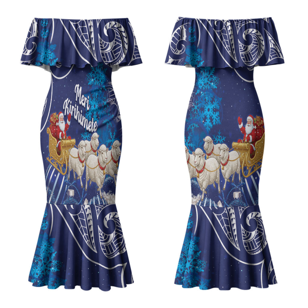 New Zealand Christmas In July Personalised Couples Matching Mermaid Dress and Hawaiian Shirt Funny Santa Sheep Meri Kirihimete Blue LT14 - Polynesian Pride