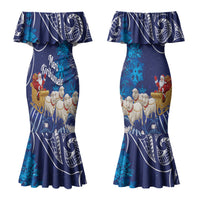 New Zealand Christmas In July Personalised Couples Matching Mermaid Dress and Hawaiian Shirt Funny Santa Sheep Meri Kirihimete Blue LT14 - Polynesian Pride