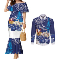 New Zealand Christmas In July Personalised Couples Matching Mermaid Dress and Long Sleeve Button Shirt Funny Santa Sheep Meri Kirihimete Blue