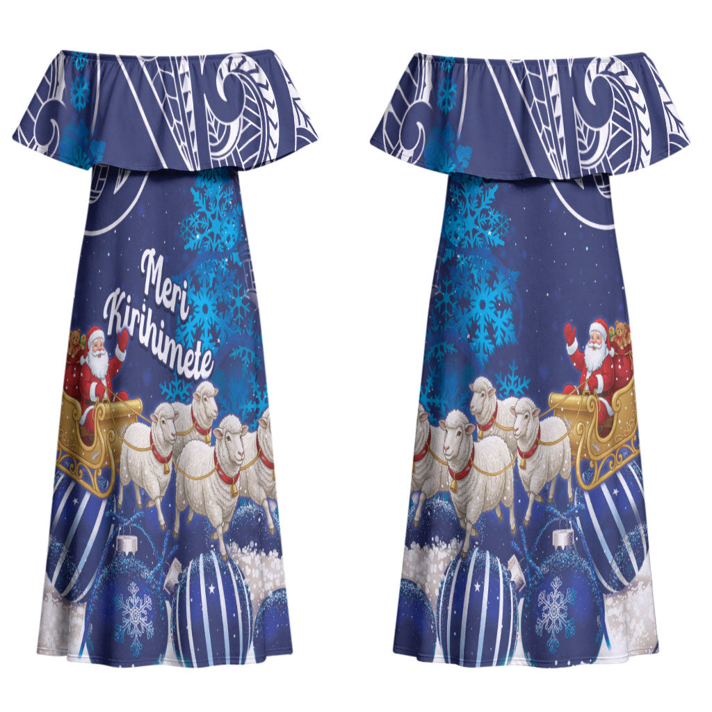 New Zealand Christmas In July Personalised Couples Matching Off Shoulder Maxi Dress and Long Sleeve Button Shirt Funny Santa Sheep Meri Kirihimete Blue LT14 - Polynesian Pride
