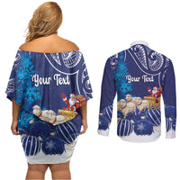 New Zealand Christmas In July Personalised Couples Matching Off Shoulder Short Dress and Long Sleeve Button Shirt Funny Santa Sheep Meri Kirihimete Blue