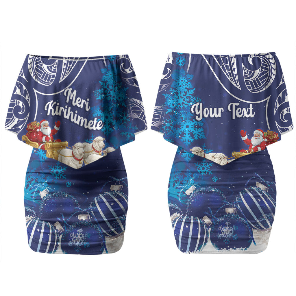 New Zealand Christmas In July Personalised Couples Matching Off Shoulder Short Dress and Long Sleeve Button Shirt Funny Santa Sheep Meri Kirihimete Blue LT14 - Polynesian Pride