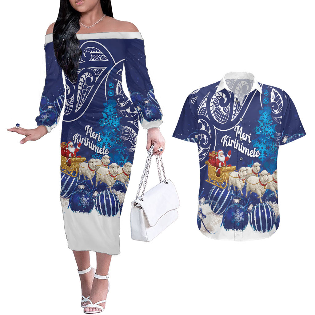 New Zealand Christmas In July Personalised Couples Matching Off The Shoulder Long Sleeve Dress and Hawaiian Shirt Funny Santa Sheep Meri Kirihimete Blue