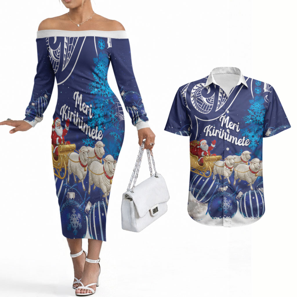 New Zealand Christmas In July Personalised Couples Matching Off The Shoulder Long Sleeve Dress and Hawaiian Shirt Funny Santa Sheep Meri Kirihimete Blue LT14 Blue - Polynesian Pride